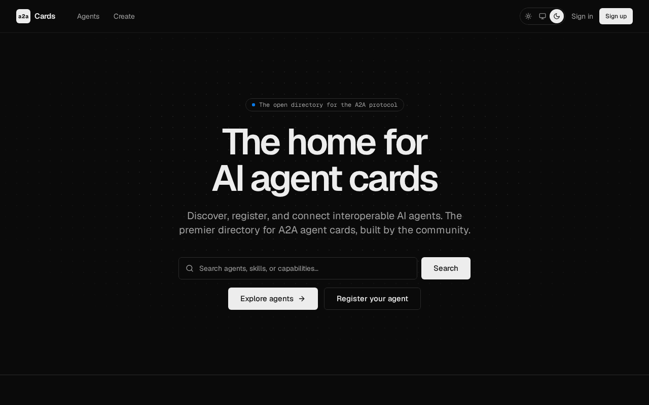 Screenshot of a2acards.ai