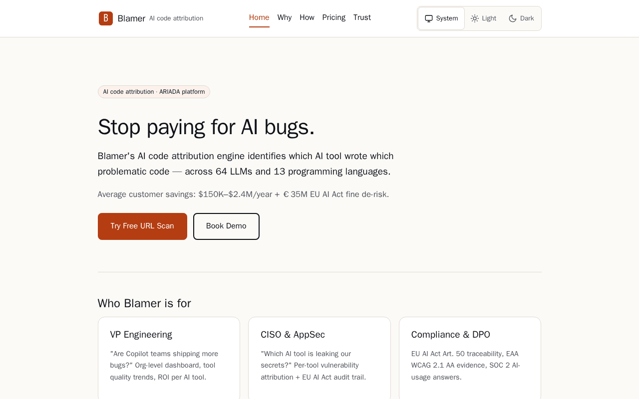Screenshot of blamer.ai