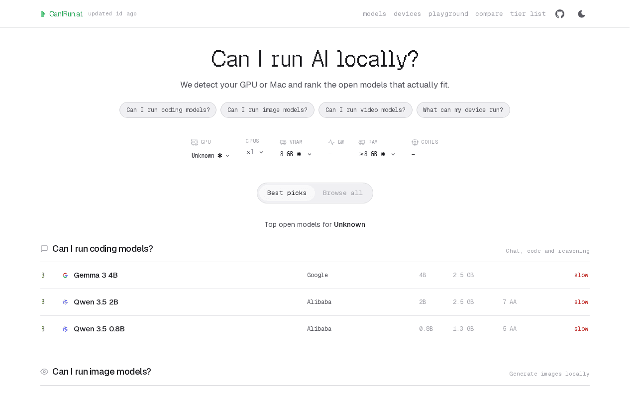 Screenshot of canirun.ai