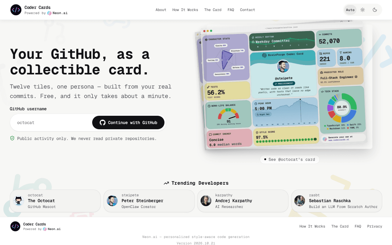 Screenshot of codercards.ai