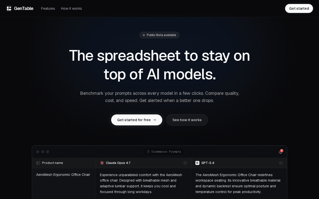 Screenshot of gentable.ai