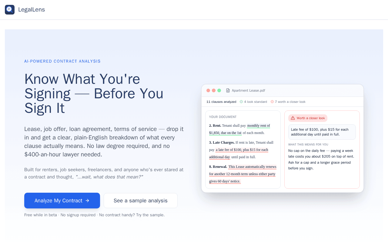 Screenshot of legallens.ai