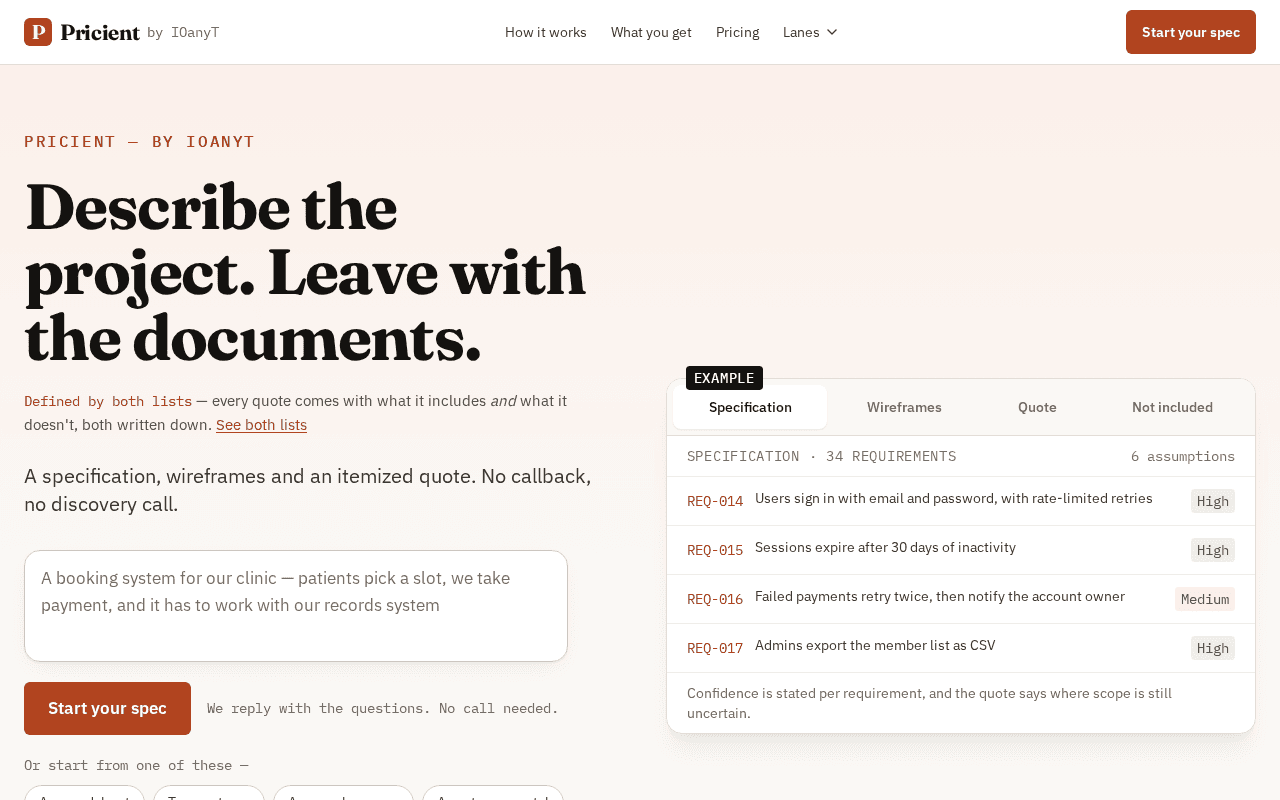 Screenshot of pricient.ai