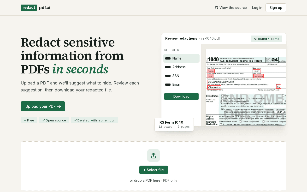 Screenshot of redactpdf.ai