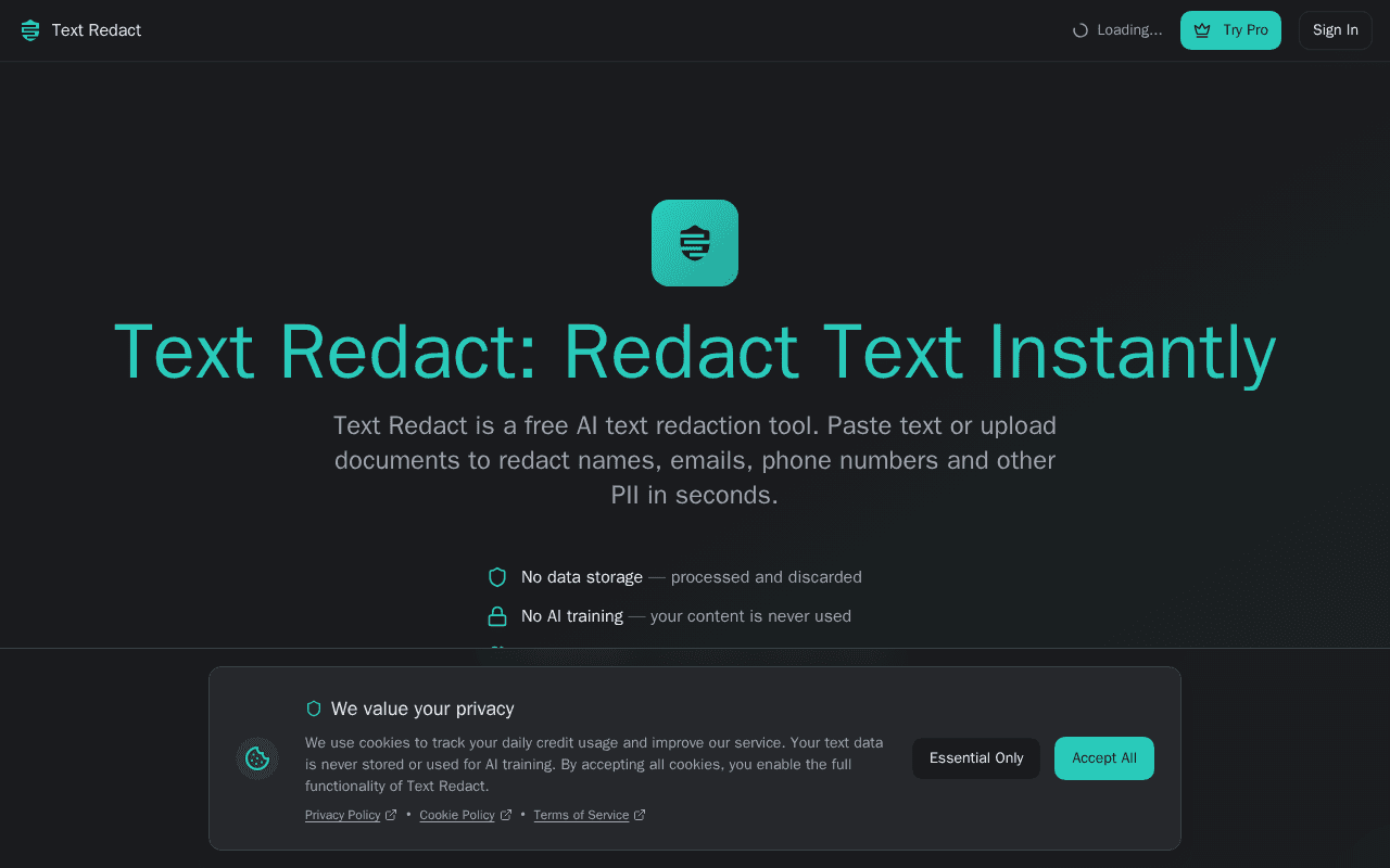 Screenshot of textredact.ai