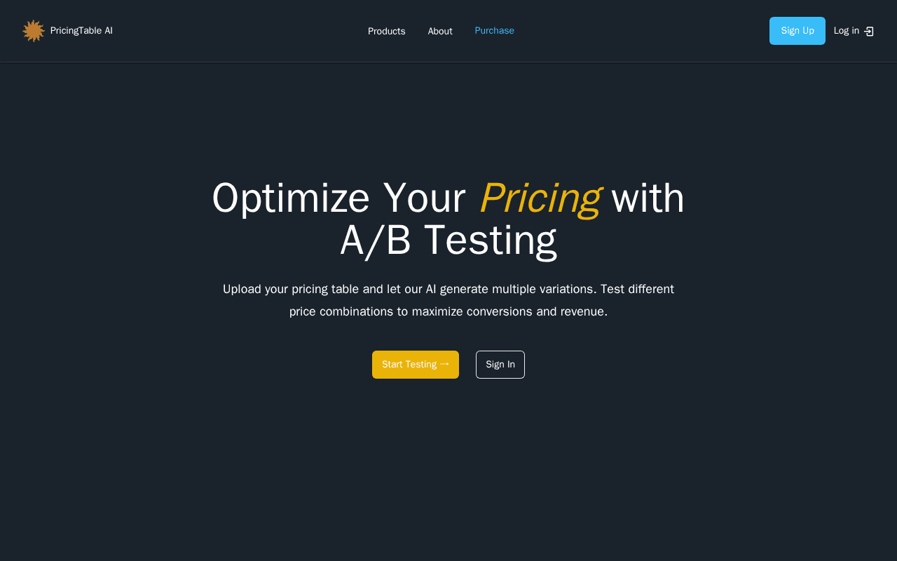 Screenshot of pricingtable.ai