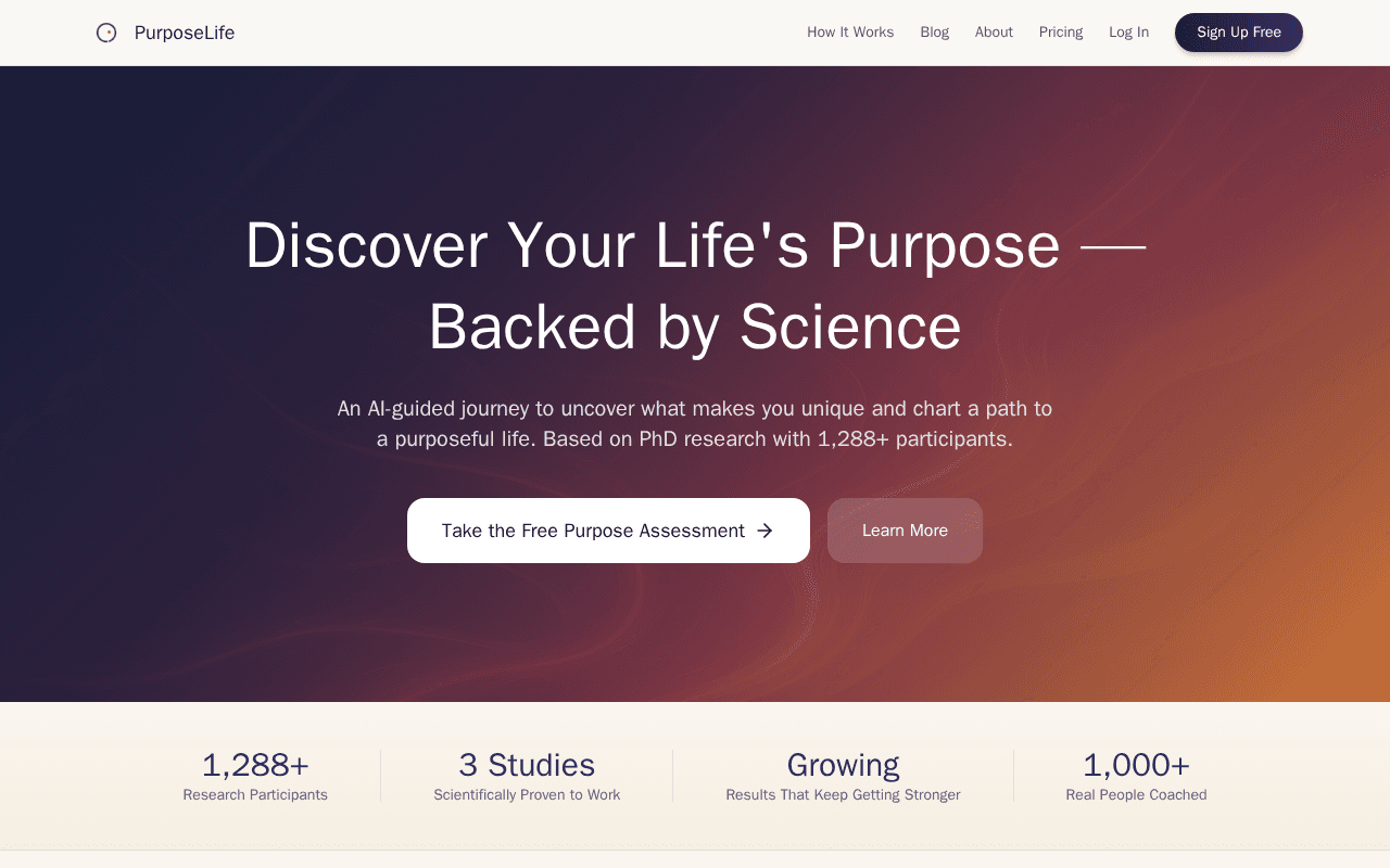 Screenshot of purposelife.ai