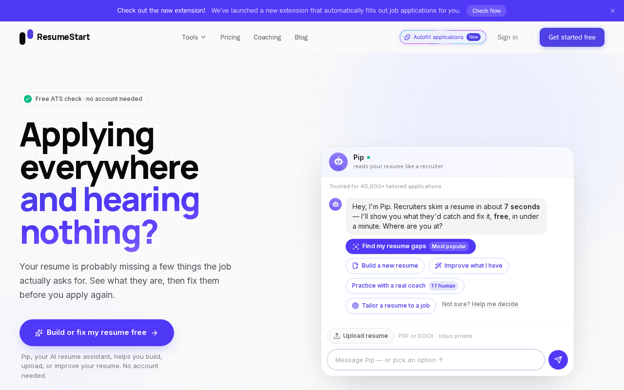 Screenshot of resumestart.ai