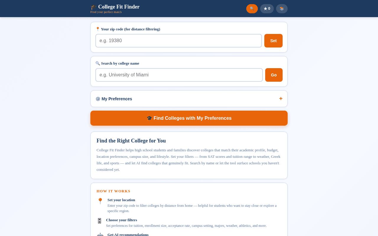 Screenshot of searchcolleges.ai